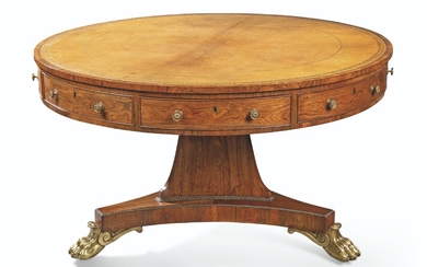 A REGENCY GILT-METAL-MOUNTED INDIAN AND BRAZILIAN ROSEWOOD DRUM TABLE