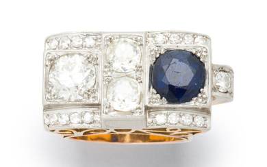 A Retro sapphire, diamond and fourteen karat bi-color gold ring