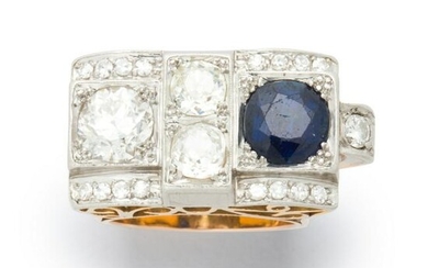A Retro sapphire, diamond and fourteen karat bi-color