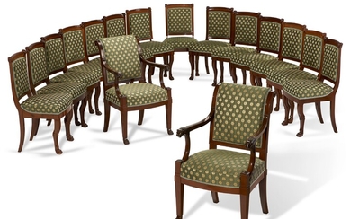 A SET OF SIXTEEN FRENCH MAHOGANY DINING CHAIRS