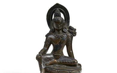 A SILVER AND COPPER-INLAID FIGURE OF PADMAPANI CHINA, LICCHAVI REVIVAL...