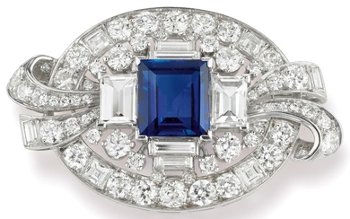 A Sapphire, Diamond and Platinum Brooch