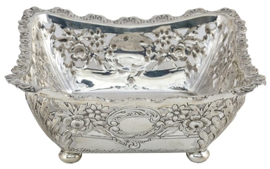 A Silver Square Shaped Serving Dish On bun feet. Hallmarked for 1902. Maker 'JR'.