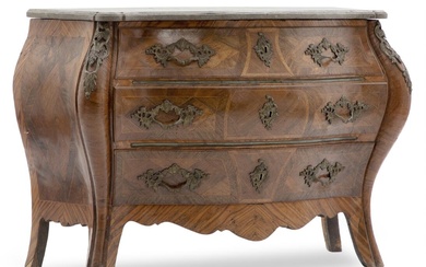 A Swedish Rococo rosewood and fruitwood marquetry commode with marble top and...