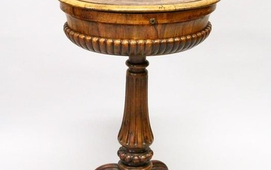 A VICTORIAN FIGURED WALNUT OVAL TEAPOY, fitted with two
