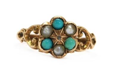 A Victorian gold diamond, turquoise and split pearl daisy cluster ring