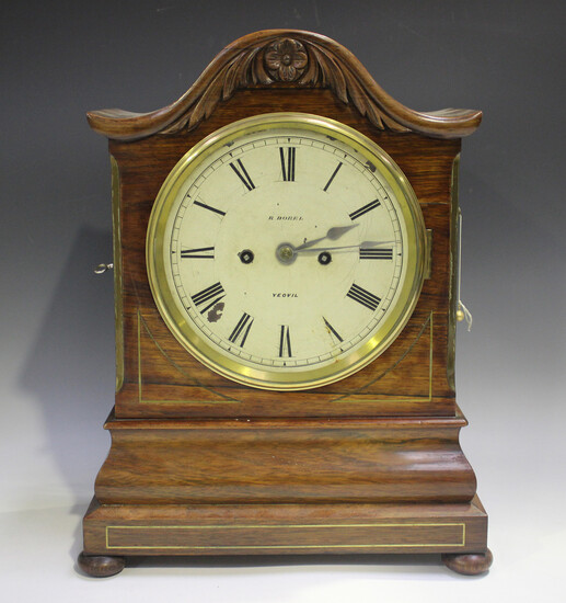 A Victorian rosewood bracket clock with eight day twin fusee movement striking on a bell with pull r