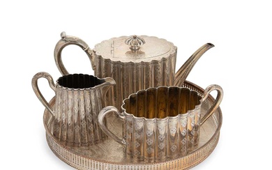 A Victorian silver 3-piece tea set on a silver plated tray