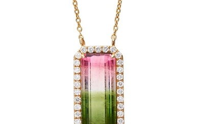 A WATERMELON TOURMALINE AND DIAMOND PENDANT NECKLACE the pendant set with an octagonal step cut