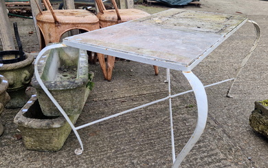 A WROIYGHT IRON COFFEE TABLE, A NEST OF TWO TABLES AND A SMALL SELECTION OF GARDEN PLANTERS.