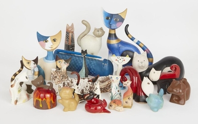 A collection of assorted pottery cats, to include; three R. Wachtmeister for Goebel, tallest 29cm high, an abstract cylindrical cat with incised and painted marks and number to base '245/500', 29cm long, and other stylised cats (lot)