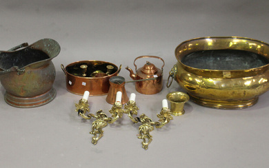 A collection of copper and brassware, including a 19th century Dutch brass jardinière, width 51