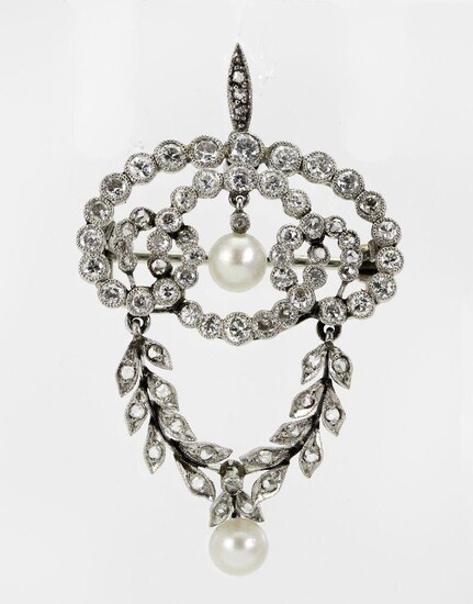 A diamond and pearl brooch/pendant, of open work scroll design set with circular-cut diamonds, supporting an articulated garland set with rose-cut diamonds, accented with two pearl drops, 20th century composite, pearls untested.