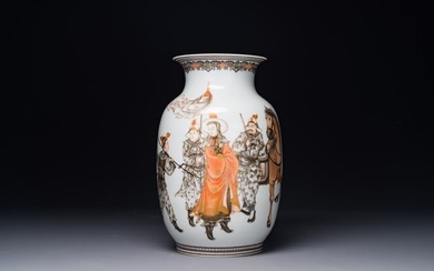 A fine Chinese iron-red, grisaille and gilt lantern-shaped 'mulan ??' vase, signed Zhou Xiangpu