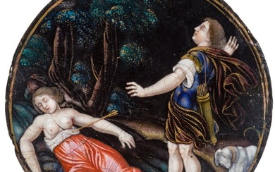 A finely enamelled copper plaque with Cephalus and Procris, Limoges, Jacques II Laudin (1665