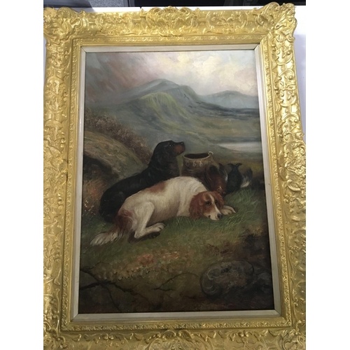 A framed oil painting on board study of two dogs with game w...