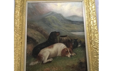 A framed oil painting on board study of two dogs with game w...