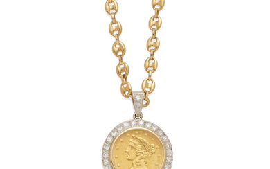 A gold and diamond coin pendant