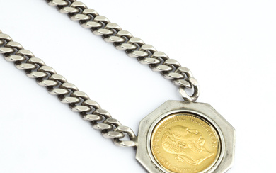 A gold coin, approx. 23K gold, 1 ducat, Franz Joseph I, Austria, 1915, mounted in silver pendant with chain.