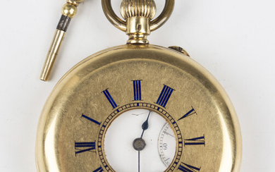 A gold keyless wind half-hunting cased gentleman's pocket watch with unsigned jewelled lever mo