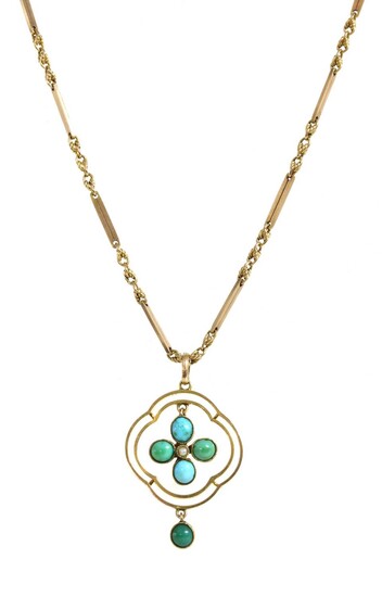 A gold turquoise and split pearl pendant