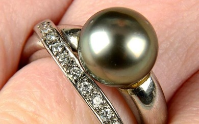 A grey cultured pearl and brilliant-cut diamond crossover dress ring.Diameter of cultured pearl