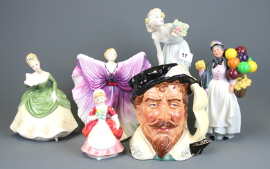 A group of Royal Doulton figurines and one character jug, tallest 28cm.