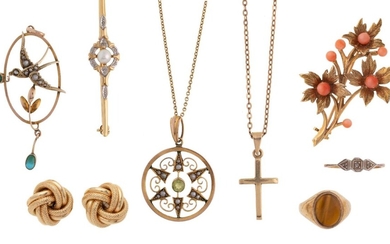 A group of jewellery comprising: a bar brooch; a pair of knot earrings; a coral spray brooch; a gem-set pendant and neckchain; a gem-set pendant; a cross and neckchain; and two rings (a lot)