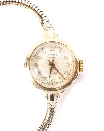 A lady's 9ct gold wristwatch by Roamer, the dial with Arabic numerals denoting hours