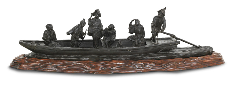 A large and impressive bronze group of figures on a ferry on matching wood stand