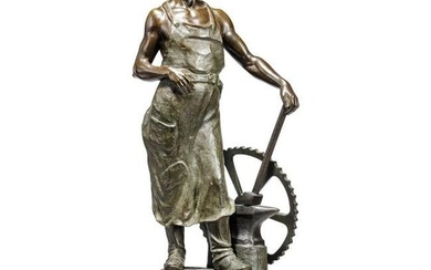 A large bronze figure of a blacksmith with anvil