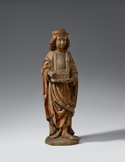A late 15th century high relief figure of a S ..., Heiliger mit Kirchenmodell