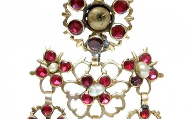 A late 18th century Iberian flat cut garnet and freshwater pearl pendant drop, later converted to a brooch, c.1800