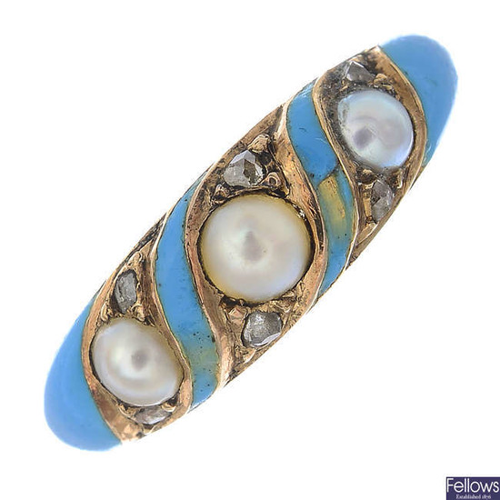 A late Victorian gold split pearl, rose-cut diamond and enamel ring.