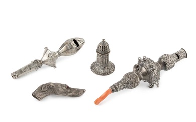 A late Victorian silver baby's rattle and whistle, with florally...