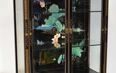 A modern Oriental-style black lacquered gilt-heightened display cabinet, with pair...