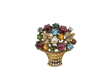 A multi gemset giardinetto brooch, formed as flowerheads with claw set round faceted gemstones and