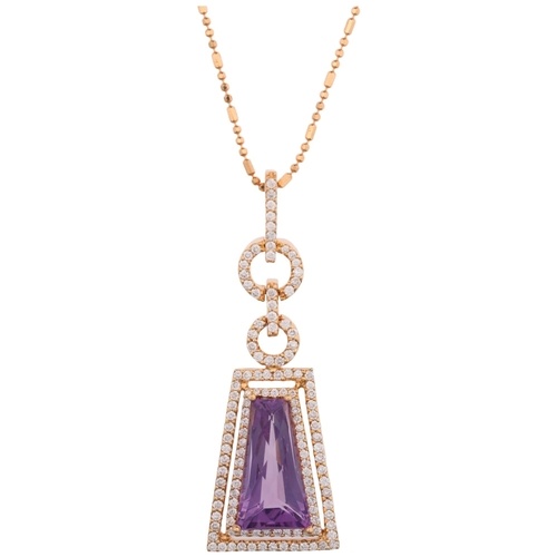 An 18ct gold amethyst and diamond cluster pendant necklace, ...