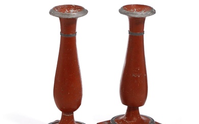A pair of 19th century North Schleswig painted pewter candlesticks, tulip-shaped stems...