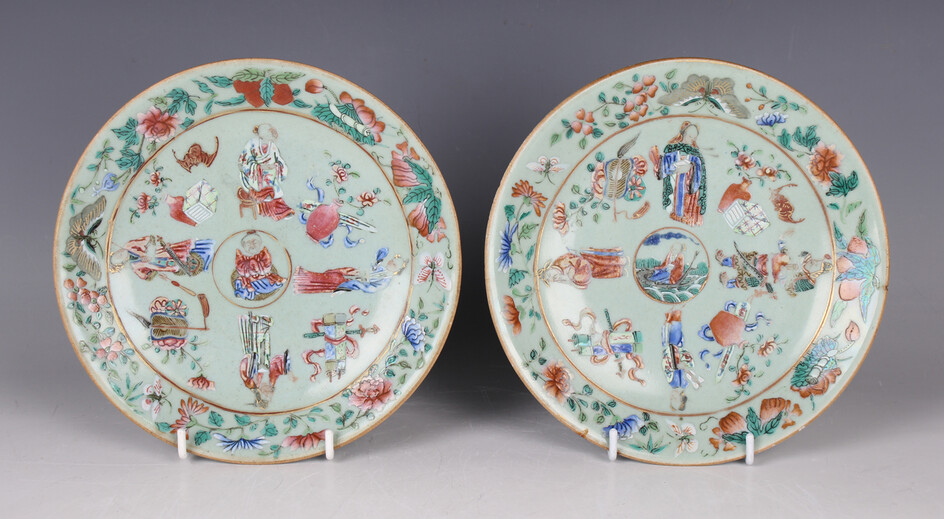 A pair of Chinese Canton famille rose enamelled celadon glazed porcelain side plates, mid to late 19