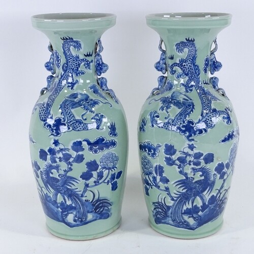 A pair of Chinese blue and white celadon glaze porcelain vas...