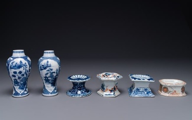 A pair of Chinese blue and white vases and four blue and white, famille rose and Imari-style salts