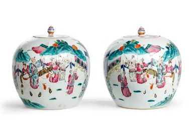 A pair of Chinese oviform jars and covers Late Qing dynasty Brightly...