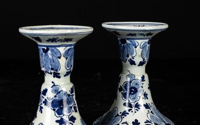 A pair of Delft porcelain candlesticks, Holland.