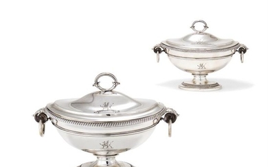 A pair of George III silver oval pedestal sauce tureens and covers by Paul Storr
