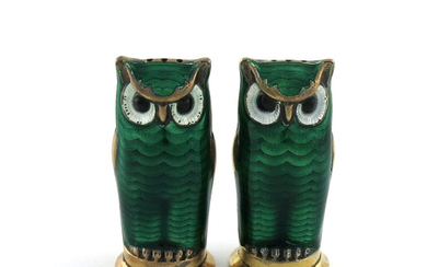 A pair of Norwegian silver-gilt and enamel novelty owl pepper pots