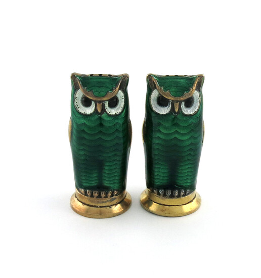 A pair of Norwegian silver-gilt and enamel novelty owl pepper pots