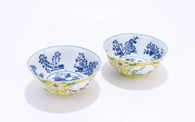 A pair of blue and white inner and outer famille rose window flower pattern bowls
