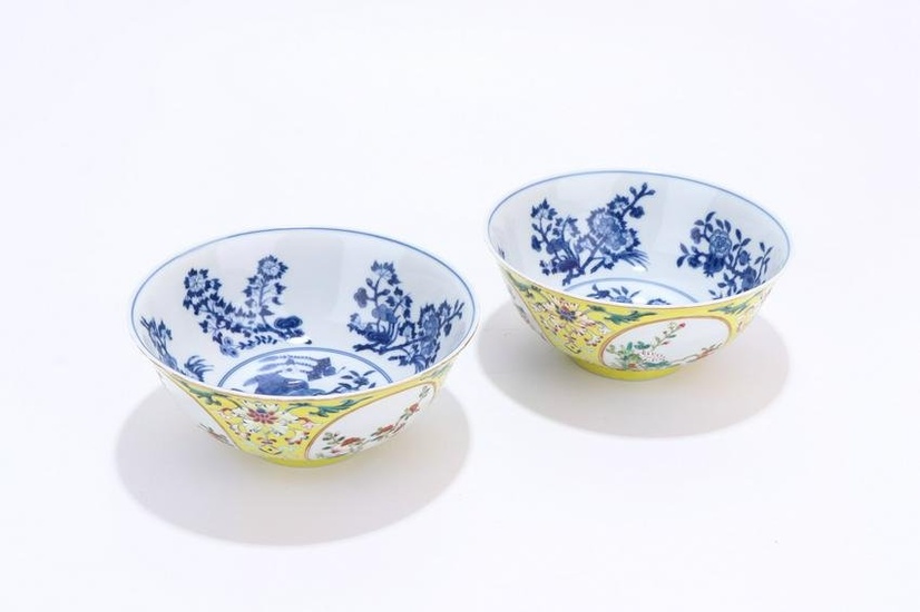 A pair of blue and white inner and outer famille rose window flower pattern bowls
