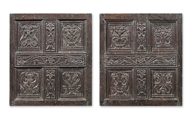 A pair of mid-16th century carved oak panelled doors, Anglo-French, circa 1550